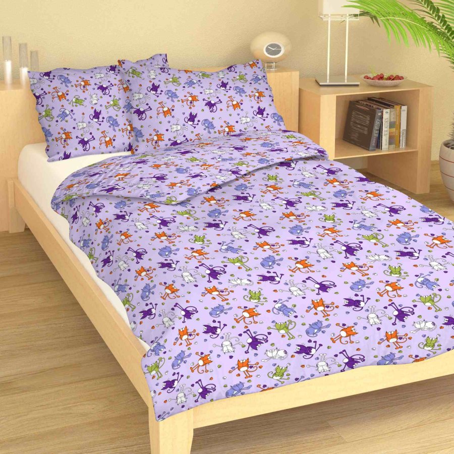 Pamučna posteljina za bebu Cats ljubičasta | 90x130, 45x60 cm - Dječja posteljina pamuk