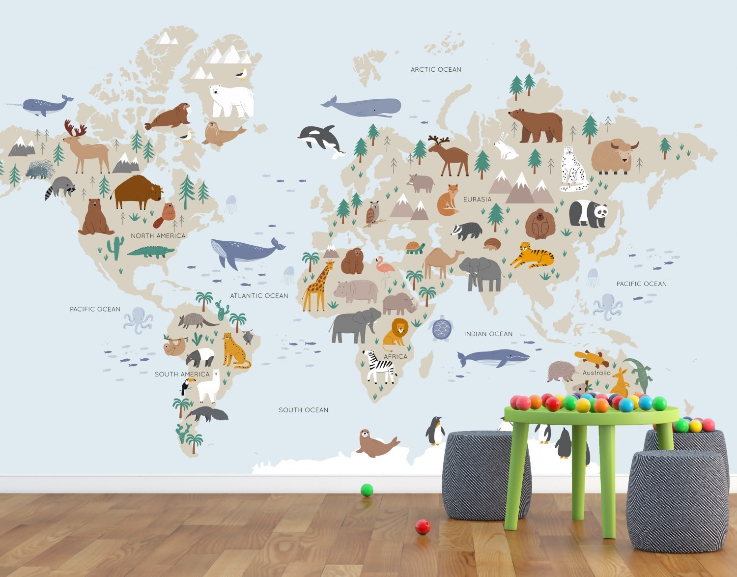 Dječji tapeta Animals world map 1 m2 - Foto tapete