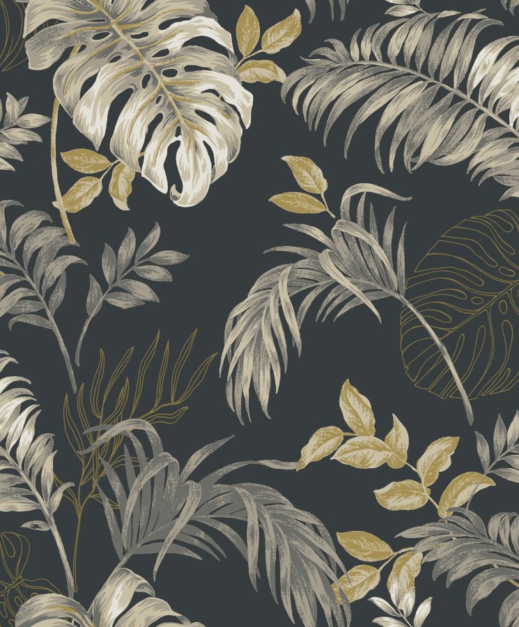 Crna tapeta s tropskim lišćem, A64303 | Ljepilo besplatno - Na zalihama