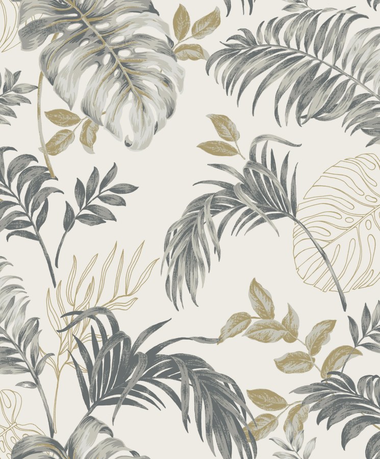 Siva tapeta s tropskim listovima, A64301 | Ljepilo besplatno - Na zalihama