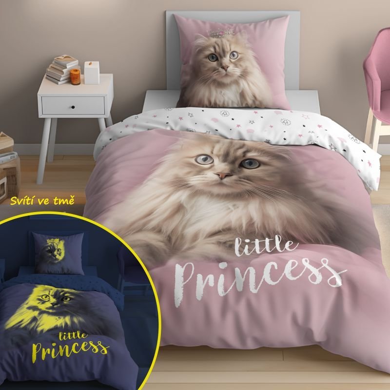 Posteljina foto print - DETEXPOL Posteljina Mačka Little Princess svijetleća Pamuk, 140/200, 70/80 cm DETEXPOL Posteljina Mačka Little Princess svijetleća Pamuk, 140/200, 70/80 cm - Posteljina foto print