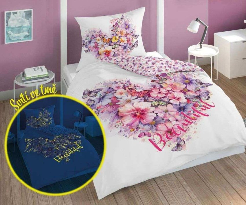 Posteljina klasičan uzorak - DETEXPOL Posteljina Leptirići srca svijetleća Pamuk, 140/200, 70/80 cm DETEXPOL Posteljina Leptirići srca svijetleća Pamuk, 140/200, 70/80 cm - Posteljina klasičan uzorak