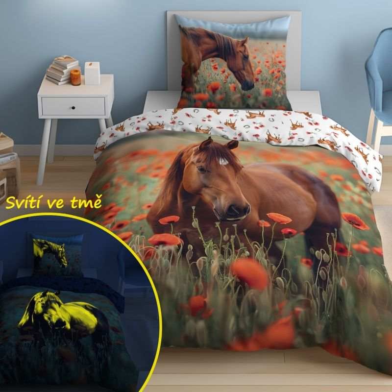 DETEXPOL Posteljina Konj u polju makova koja svijetli Pamuk, 140/200, 70/80 cm - Posteljina foto print