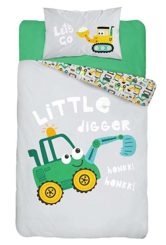 DETEXPOL Posteljina za dječji krevetić Bager zeleni Pamuk, 100/135, 40/60 cm - Posteljina za dječji krevetić
