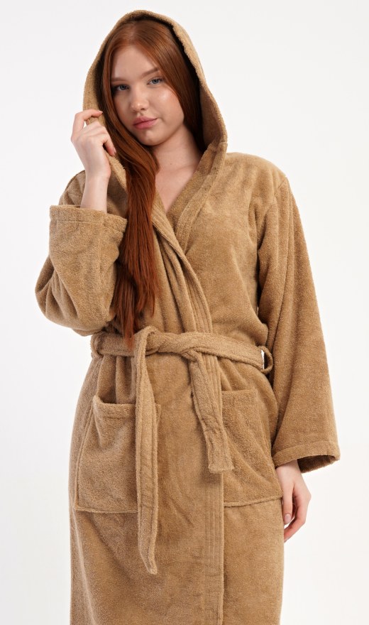 Ženski dugi ogrtač s kapuljačom Karamelka - Ženske duge kućne haljine