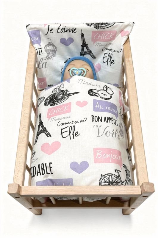 SDS Peřinky do postýlky pro panenky Paříž růžová Bavlna, výplň: Polyester, 1x 38x44 cm / 28x20 cm - **peřinky do POSTÝLKY** → **pernice u krevetiće**