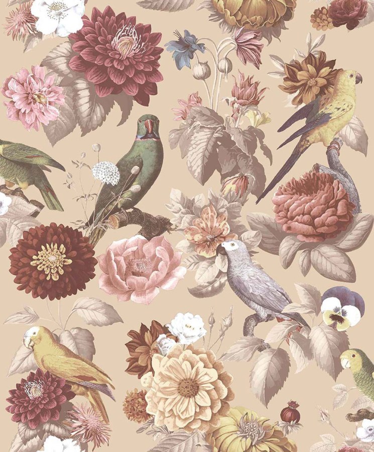 Flis tapeta za zid, bež, cvijeće, papige, 15548, Botany House, Cristiana Masi by Parato | Ljepilo Gratis - Parato by Cristiana Masi