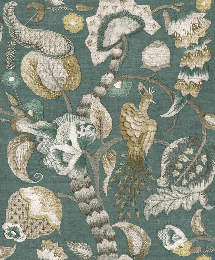 Flis tapeta za zid, zelena, siva, cvjetne grančice, ptice, 5806, Jaipur, Parato by Cristiana Masi | Ljepilo Gratis