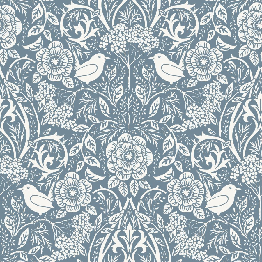 Plava flis tapeta s biljkama i ptičicama, 139477, Vintage Flowers, Esta Home
