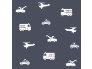 Plavo-bijela flis tapeta za dječake Automobili, helikopteri 138916, Little Bandits, Esta