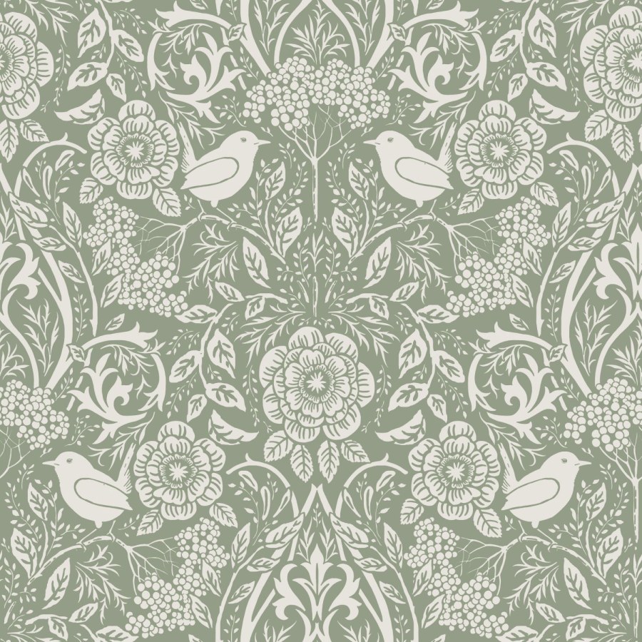 Zelena flis tapeta s biljkama i ptičicama, 139293, Vintage Flowers, Esta Home